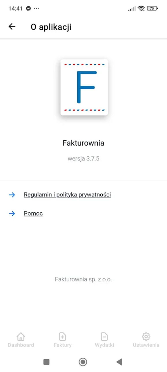 Ekran O aplikacji Fakturownia z numerem wersji 3.7.5 i linkami do Regulaminu i Pomocy
