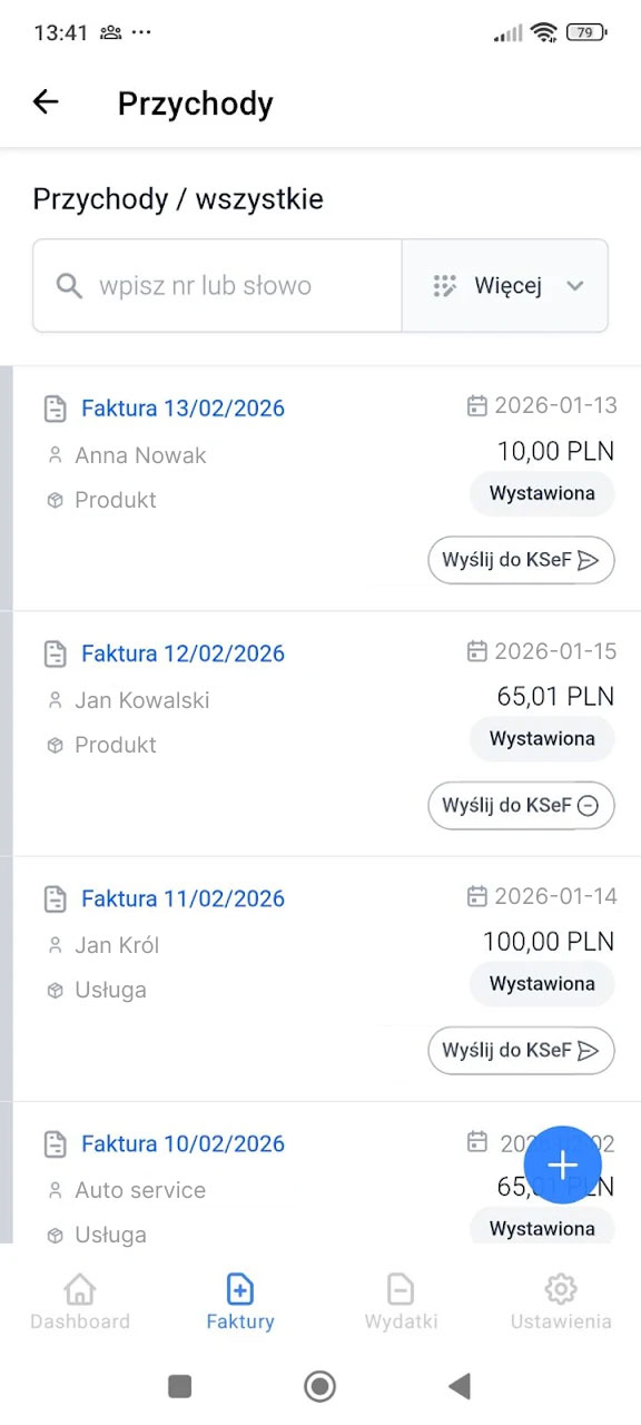 Lista przychodów w aplikacji Fakturownia z fakturami ze statusem Wystawiona i przyciskami Wyślij do KSeF