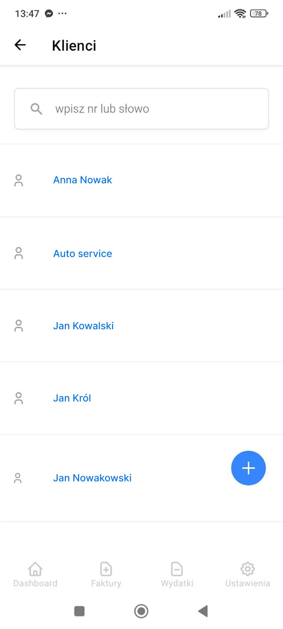 Lista klientów w aplikacji Fakturownia z wyszukiwarką i listą kontaktów