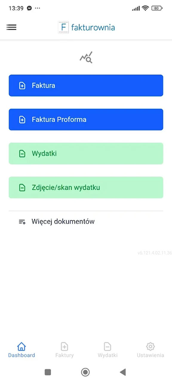 Dashboard aplikacji Fakturownia z przyciskami Faktura, Faktura Proforma, Wydatki i Zdjęcie/skan wydatku