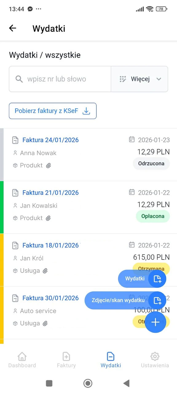 Lista wydatków w aplikacji Fakturownia z fakturami, statusami i przyciskiem Pobierz faktury z KSeF