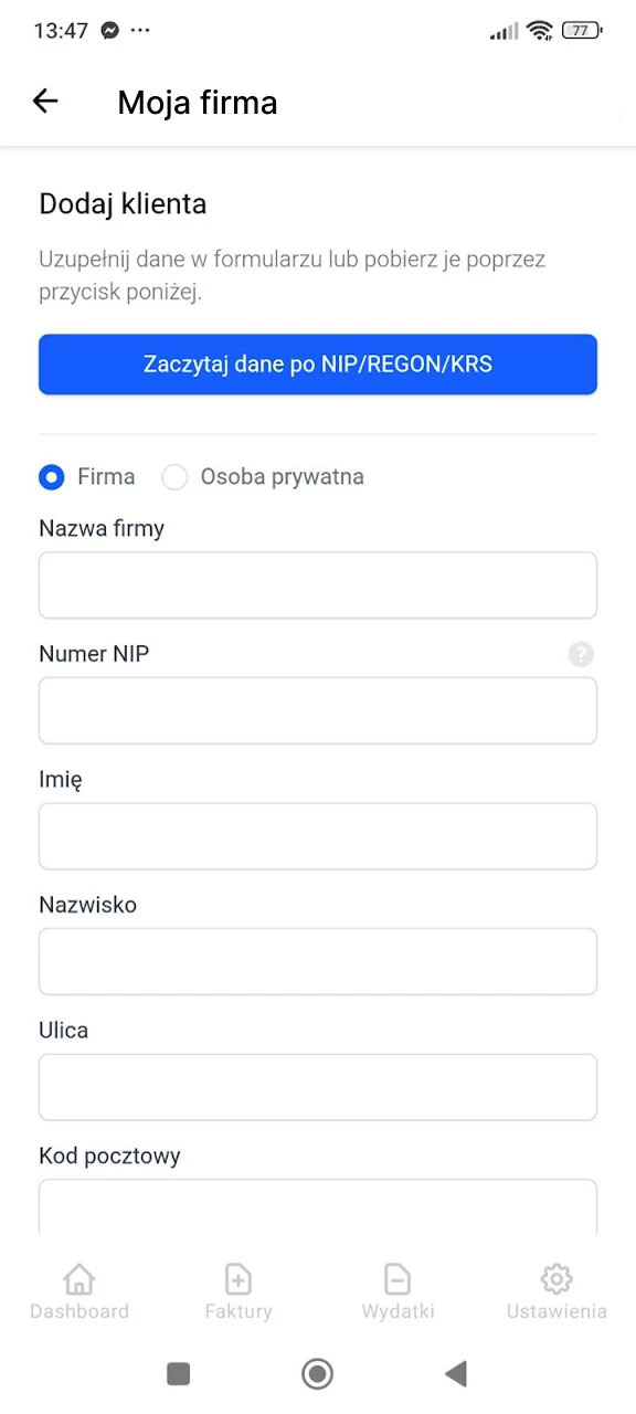 Formularz dodawania klienta w aplikacji Fakturownia z przyciskiem Zaczytaj dane po NIP/REGON/KRS