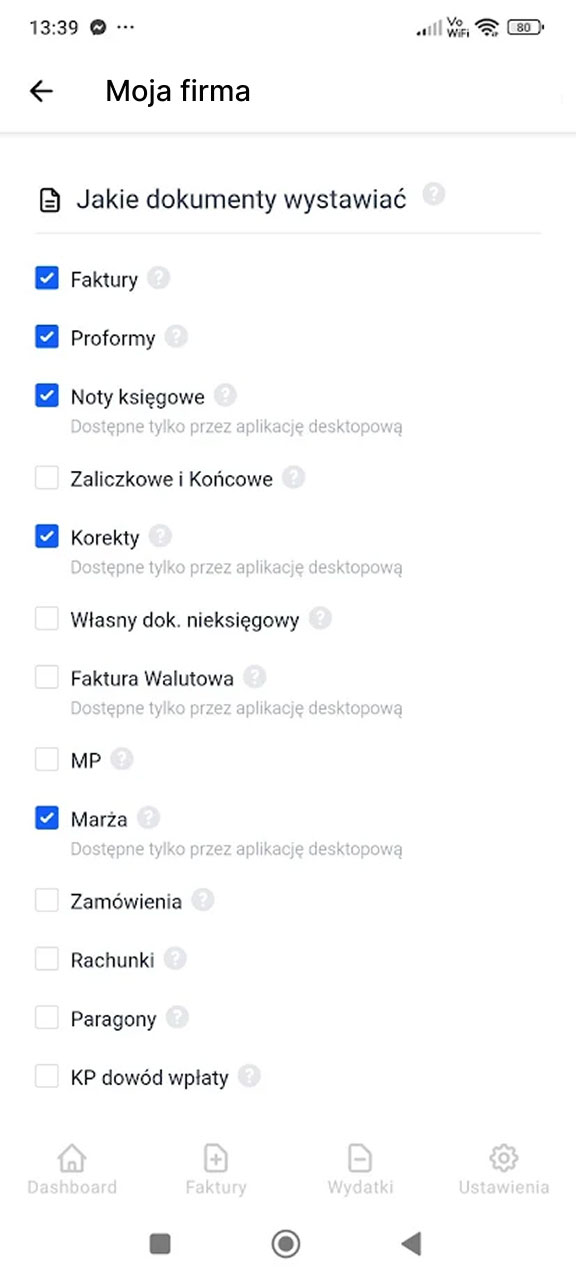 Ekran Moja firma w aplikacji Fakturownia z listą typów dokumentów do wystawiania