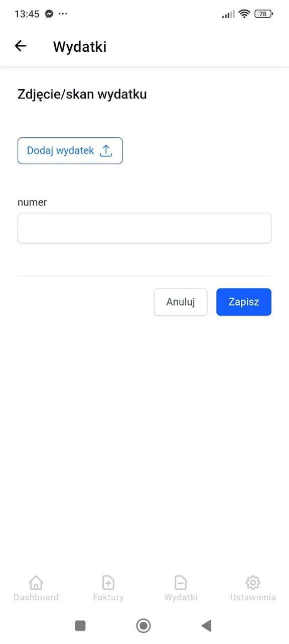 Ekran Zdjęcie/skan wydatku w aplikacji Fakturownia z przyciskiem Dodaj wydatek i polem numeru