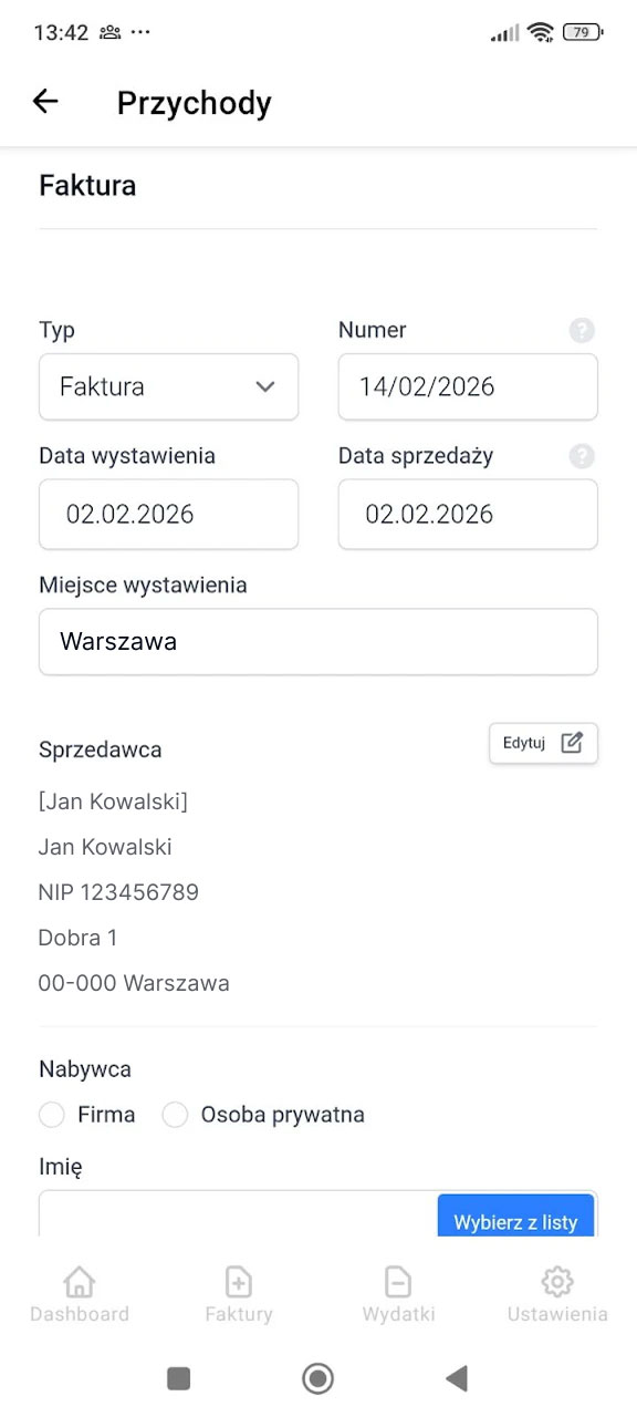 Formularz nowej faktury w aplikacji Fakturownia z polami daty, miejsca wystawienia i danych sprzedawcy