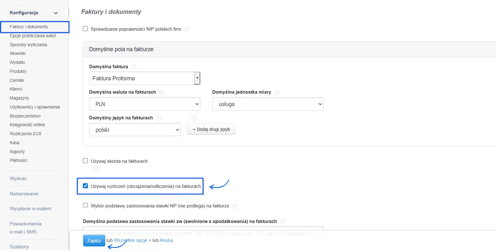 Zaznaczony checkbox Używaj rozliczeń (obciążenia/odliczenia) na fakturach