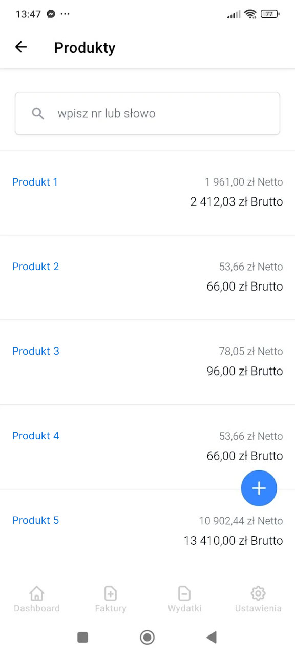Lista produktów w aplikacji Fakturownia z cenami netto i brutto