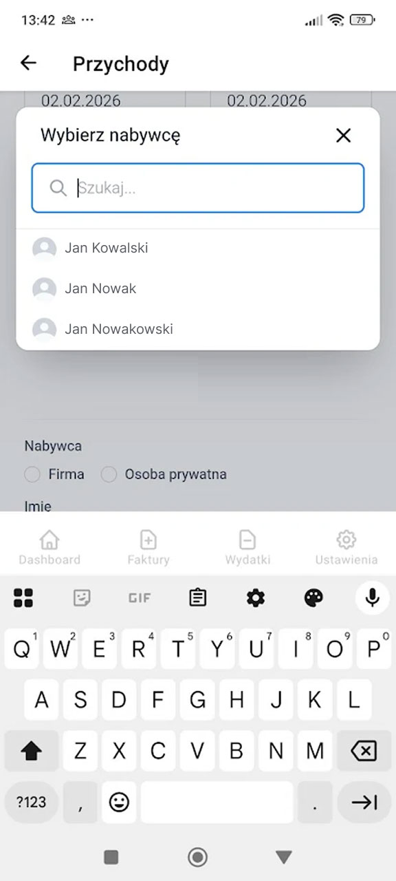 Okno wyboru nabywcy w aplikacji Fakturownia z wyszukiwarką i listą kontaktów