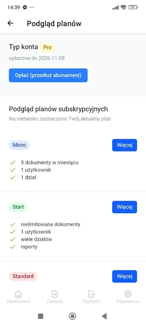Ekran szczegółów produktu w aplikacji Fakturownia z ceną netto, VAT i ceną brutto