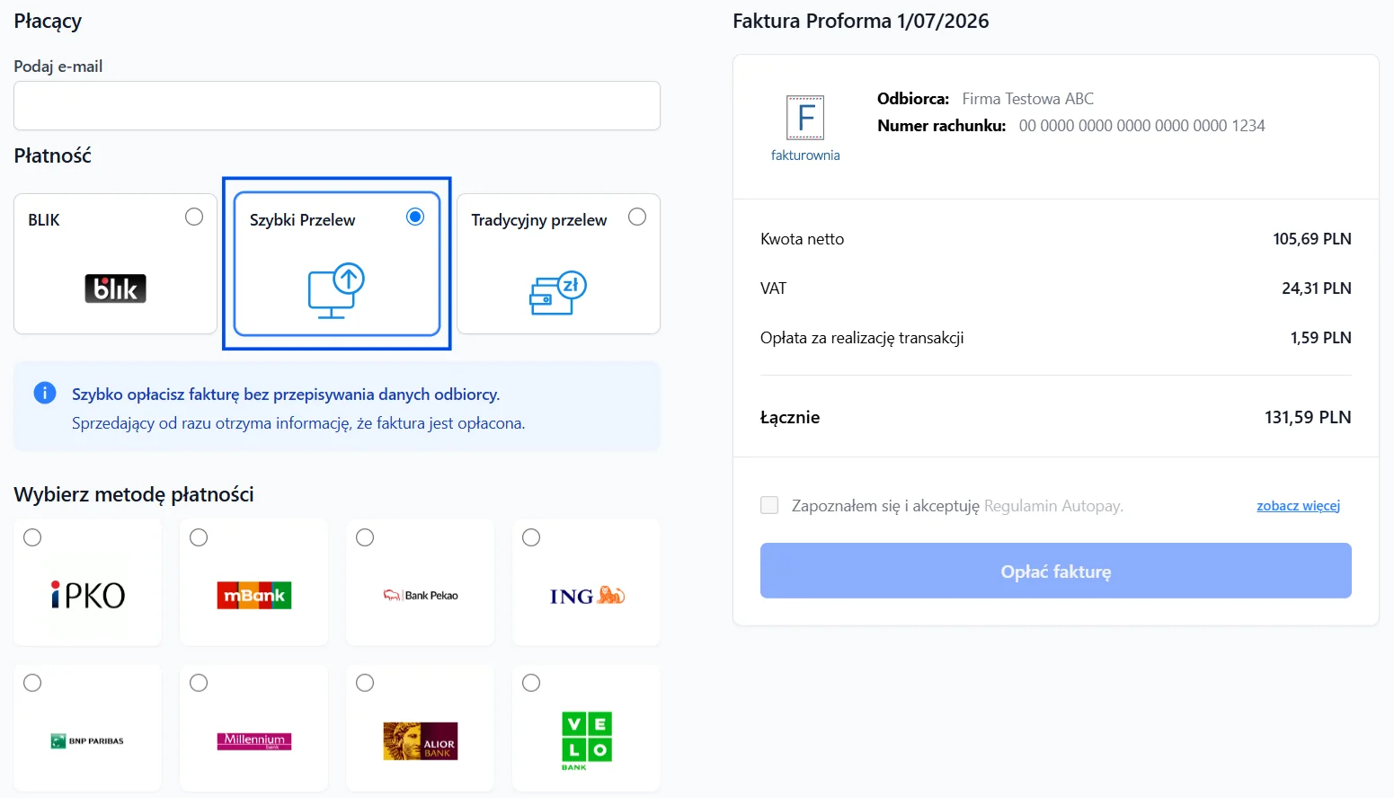 Ekran płatności online z wyborem metody: BLIK, szybki przelew, tradycyjny przelew, opcje banków oraz szczegóły faktury z podsumowaniem kwoty do zapłaty.