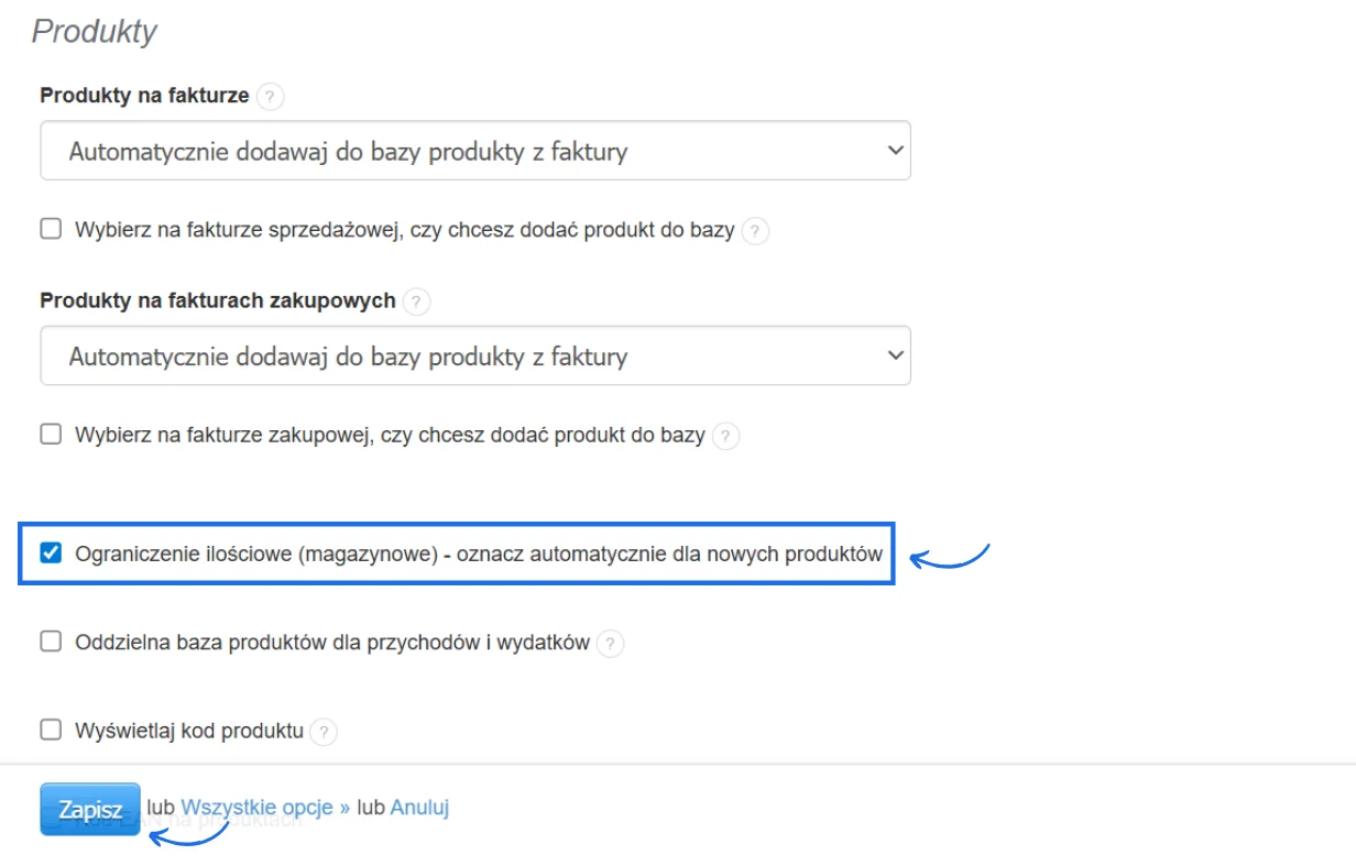 Ustawienia produktów z zaznaczoną opcją Ograniczenie ilościowe magazynowe dla nowych produktów