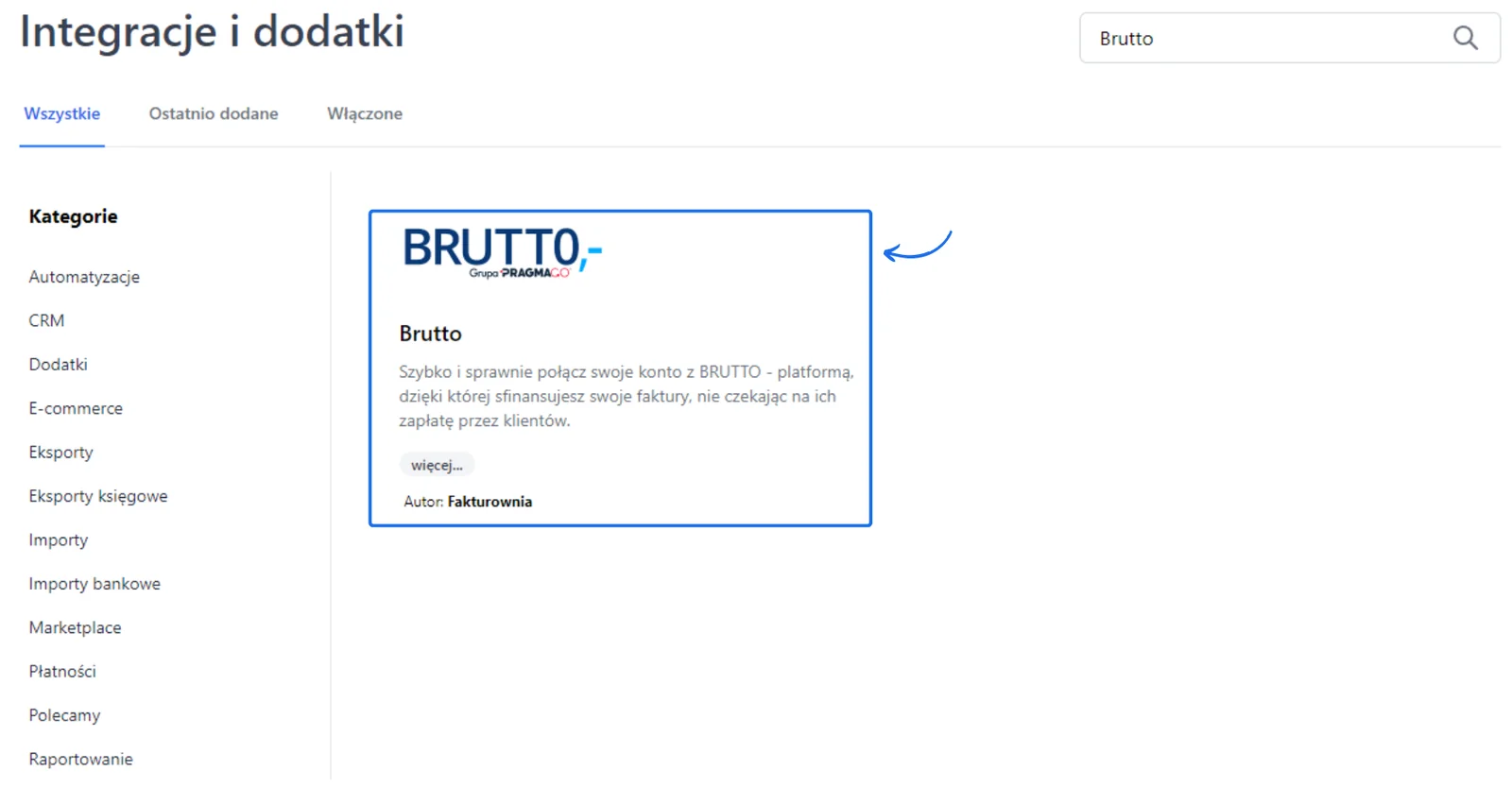 Strona Integracje i dodatki w Fakturowni z wyróżnioną kartą integracji Brutto – Grupa PragmaGO