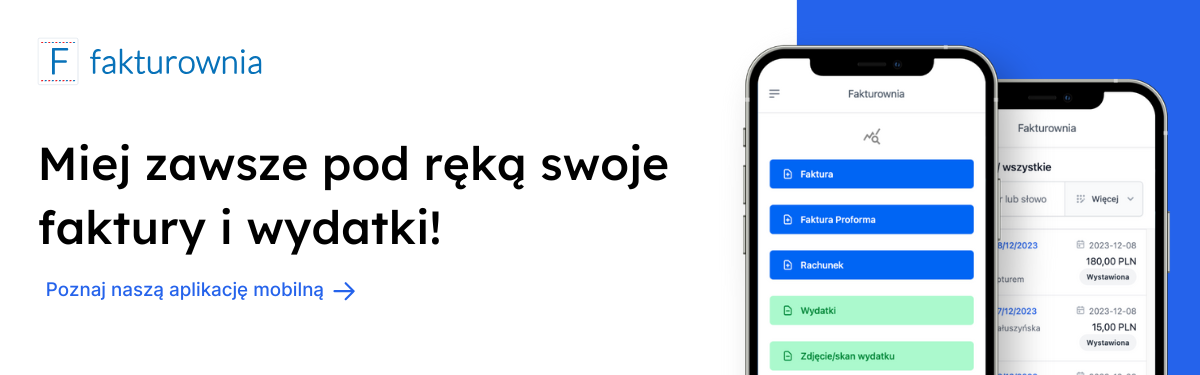 Baner aplikacji mobilnej Fakturowni z dwoma smartfonami pokazującymi menu dokumentów i listę faktur