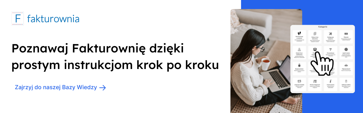 Baner Fakturowni z kobietą przy laptopie i siatką kategorii Bazy Wiedzy