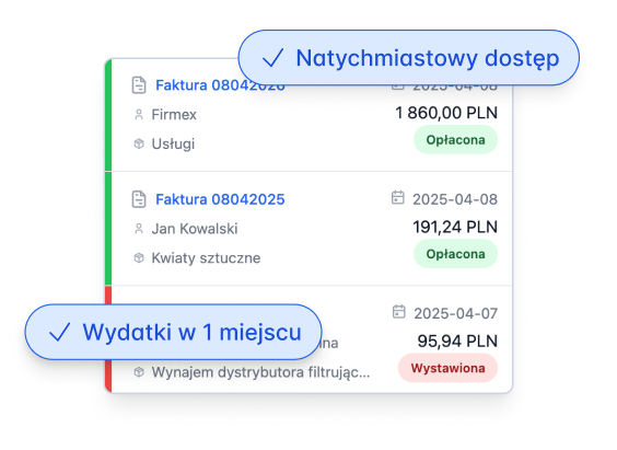 Ewidencja wydatków online – lista faktur kosztowych ze statusami i kwotami w Fakturowni