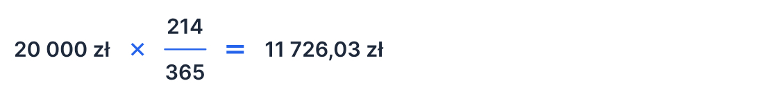 Przykład obliczenia proporcjonalnego limitu obrotu: 20 000 zł razy 214 przez 365 równa się 11 726,03 zł