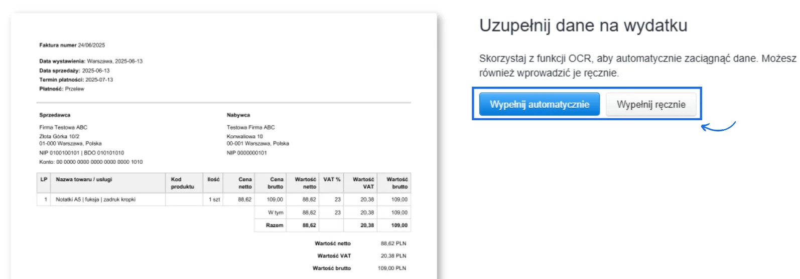 Podgląd faktury kosztowej z przyciskami Wypełnij automatycznie i Wypełnij ręcznie do uzupełnienia danych OCR