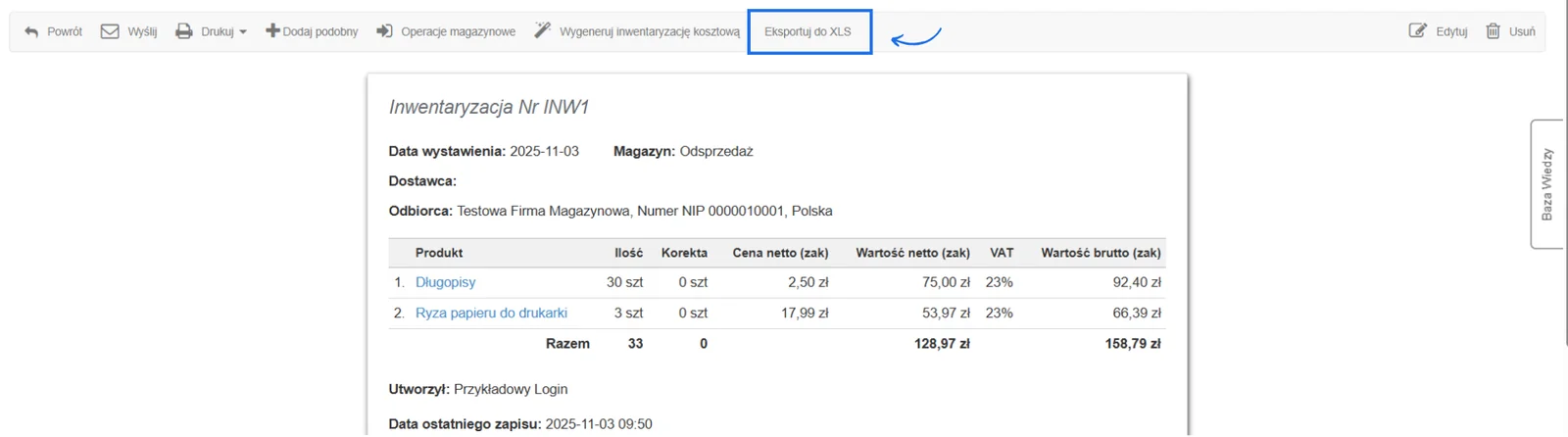 Dokument inwentaryzacji INW1 z tabelą produktów i podświetlonym przyciskiem Eksportuj do XLS