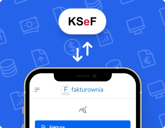 Smartfon z aplikacją Fakturownia i strzałki wymiany danych z logo KSeF na niebieskim tle