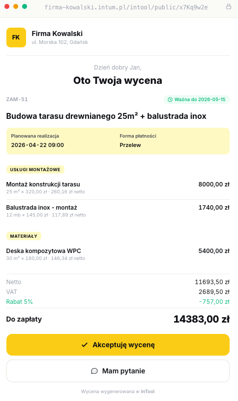 Okno aplikacji Intool z wyceną przygotowaną dla klienta.