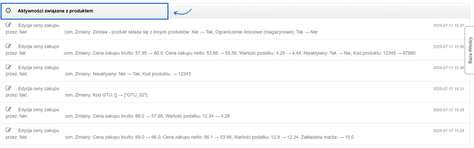 Sekcja Aktywności związane z produktem z historią zmian cen, kodów GTU i parametrów produktu