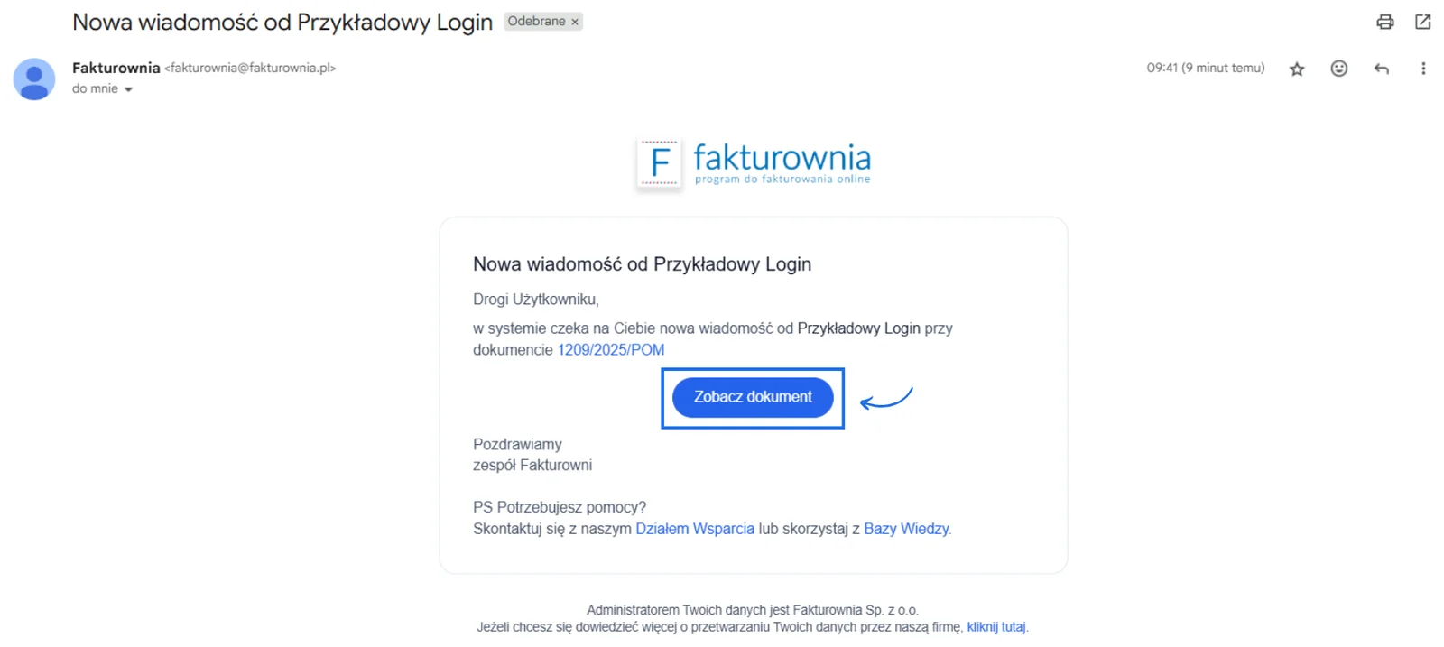 E-mail od Fakturowni z powiadomieniem o nowej wiadomości przy dokumencie i przyciskiem Zobacz dokument