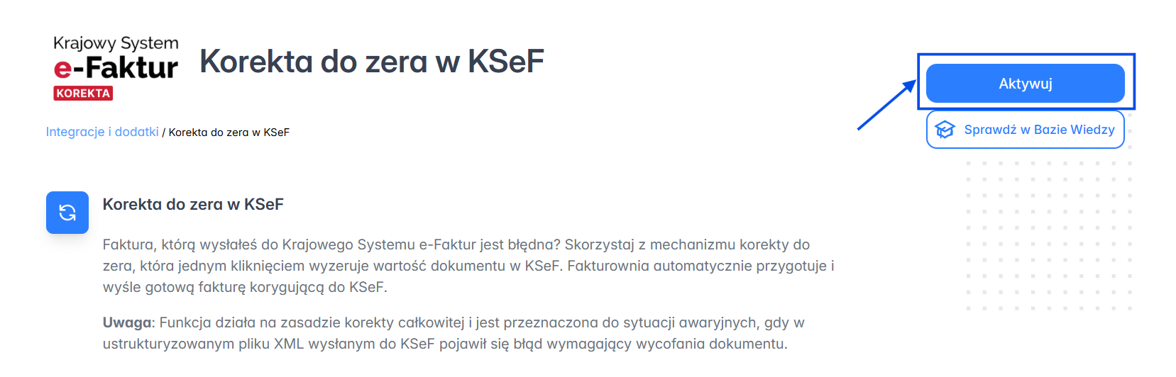 Opcja aktywacji aplikacji pozwalającej na wystawienie korekty do zera.
