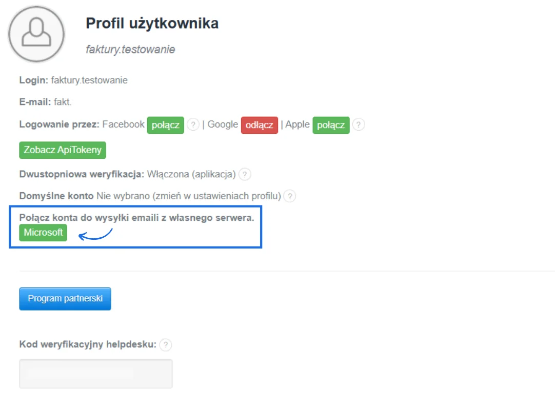 Profil użytkownika z opcjami logowania przez Facebook, Google, Apple oraz sekcją połączenia konta Microsoft