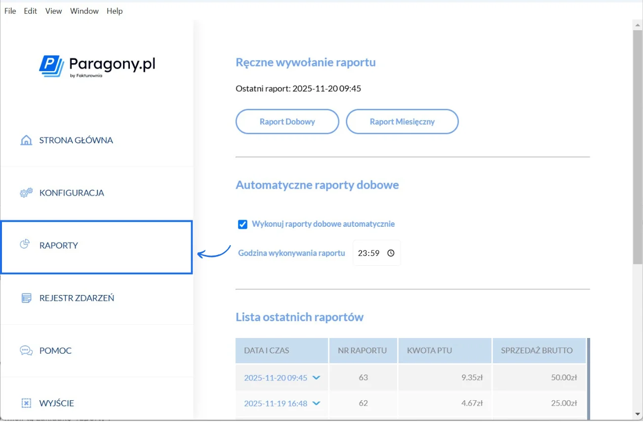 Panel Raporty w Paragony.pl z przyciskami Raport Dobowy i Miesięczny oraz listą ostatnich raportów
