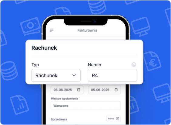Wystawianie rachunku online na smartfonie – formularz z numeracją i datą w Fakturowni
