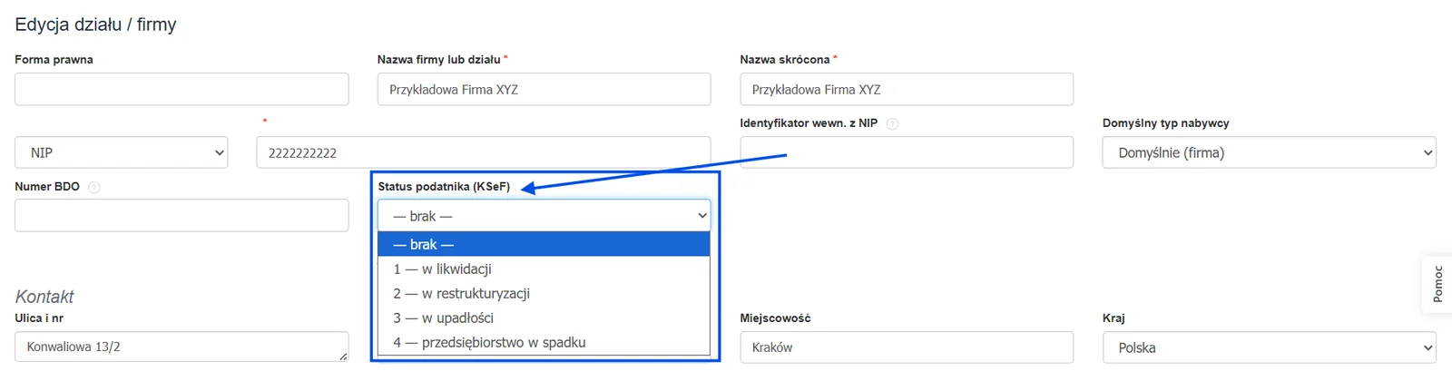Lista wyboru opcji w polu status podatnika KSeF w formularzu tworzenia lub edycji działu.