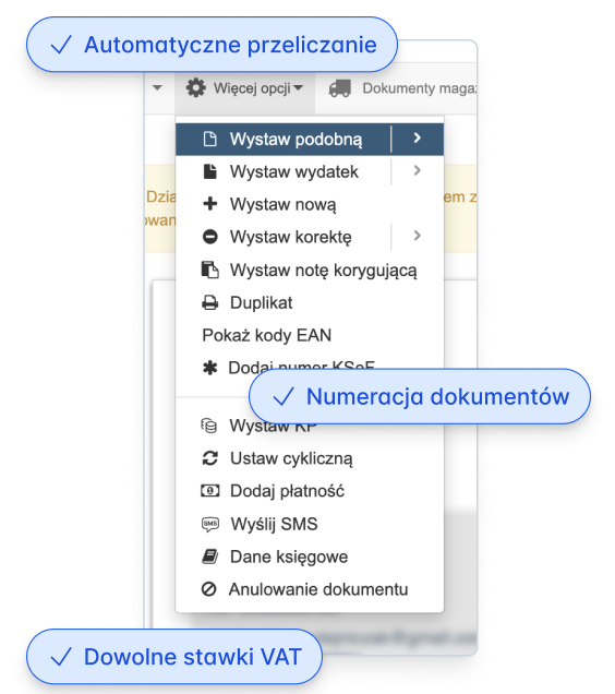 Widok menu kontekstowego faktury – opcje wystawiania, numeracji i stawek VAT
