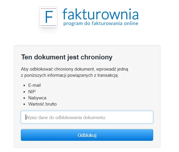 Ekran ochrony dokumentu w Fakturowni z polem do wpisania e-mail, NIP, nabywcy lub wartości brutto i przyciskiem Odblokuj