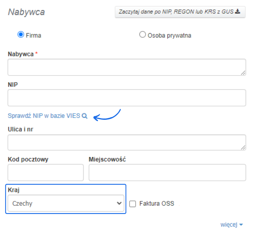 Sekcja Nabywca w formularzu faktury z linkiem Sprawdź NIP w bazie VIES i wybranym krajem Czechy
