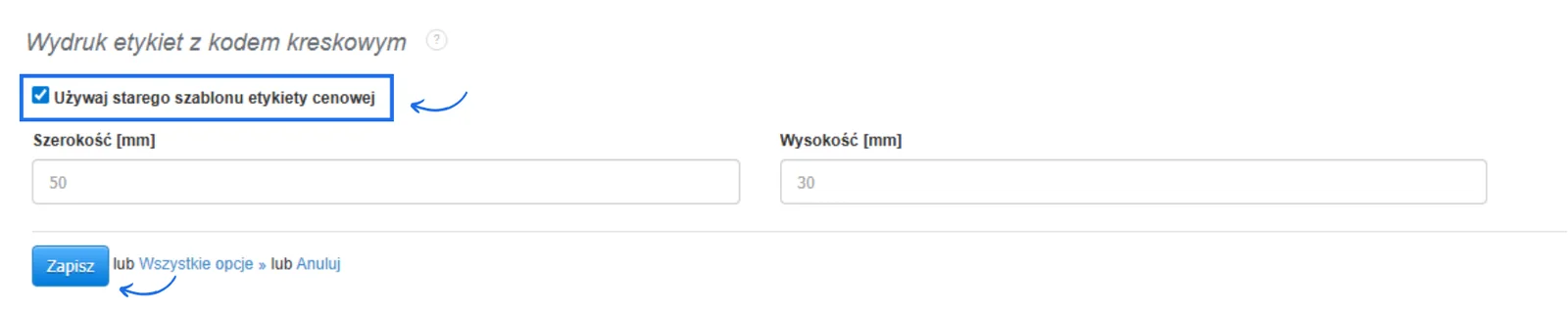 Ustawienia wydruku etykiet z kodem kreskowym z zaznaczoną opcją Używaj starego szablonu etykiety cenowej