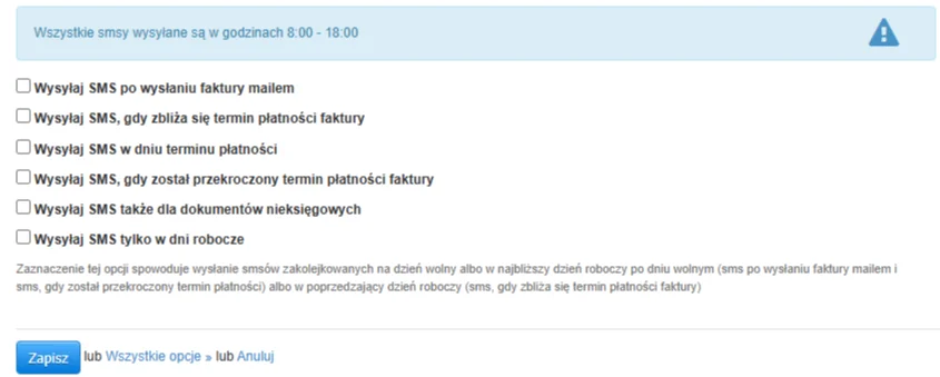 Ustawienia powiadomień SMS z opcjami wysyłki przy fakturach i terminach płatności
