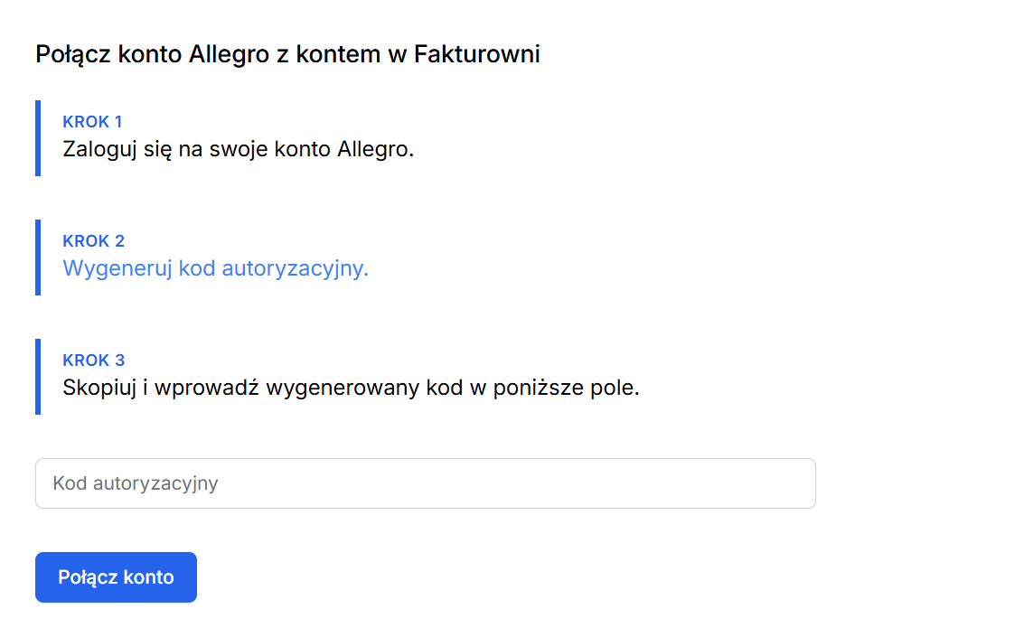 Formularz łączenia konta Allegro z Fakturowni z trzema krokami i polem na kod autoryzacyjny