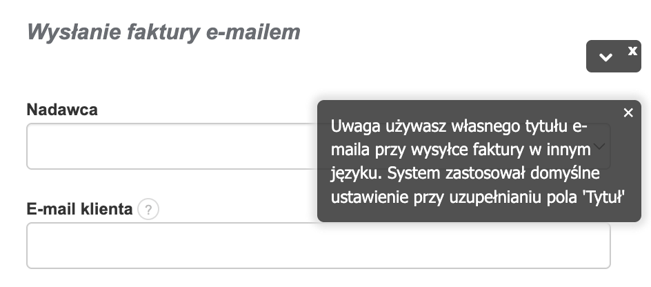 Formularz wysyłki faktury e-mailem z dymkiem ostrzeżenia o własnym tytule e-maila przy wysyłce w innym języku