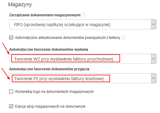 Ustawienia magazynu w Fakturowni z opcjami automatycznego tworzenia dokumentów WZ i PZ z faktur