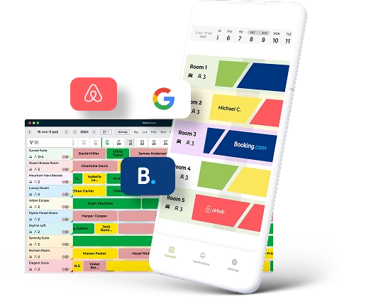 Smartfon z kalendarzem rezerwacji pokoi i logami Airbnb, Booking.com i Google