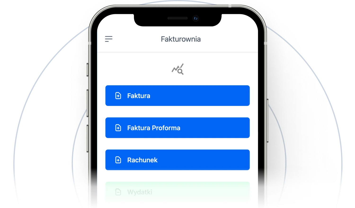 Ekran smartfona z menu aplikacji Fakturownia i przyciskami Faktura, Faktura Proforma, Rachunek