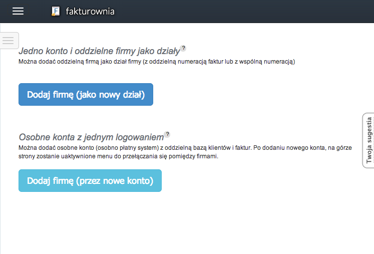 dodawanie firmy i działu w fakturowni