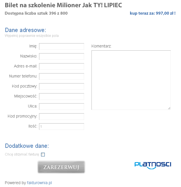 Formularz rejestracji na szkolenie z danymi adresowymi i przyciskiem Zarezerwuj