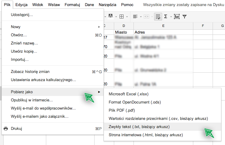 Menu Plik w Arkuszach Google z rozwiniętą listą Pobierz jako