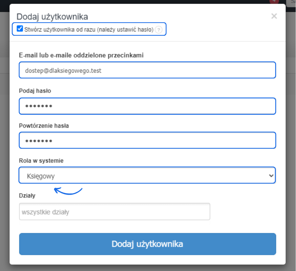 Okno Dodaj użytkownika w Fakturowni z rolą Księgowy