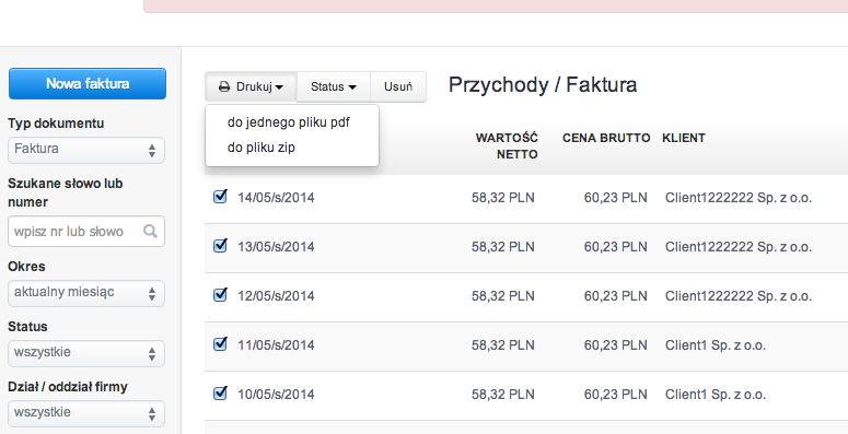 Menu Drukuj w Fakturowni z opcjami do jednego pliku pdf i do pliku zip