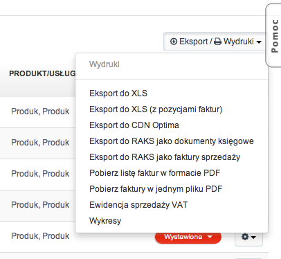 Menu Eksport/Wydruki w Fakturowni z listą formatów eksportu