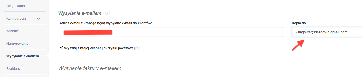 Ustawienia Wysyłanie e-mailem w Fakturowni z polem Kopia do