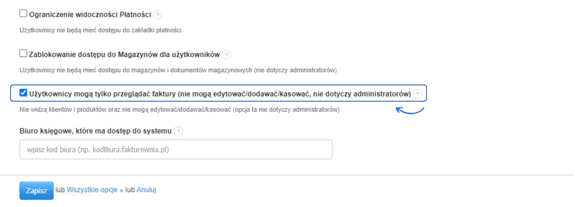 Ustawienia uprawnień z zaznaczoną opcją Użytkownicy mogą tylko przeglądać faktury