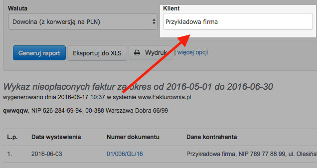 filtrowanie raportów po konkretnym kliencie